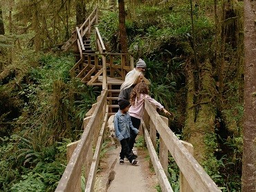 A family enjoying a walk through the rainforest.